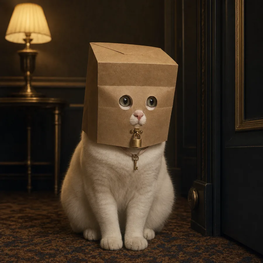 Padlocat by the door, head turned, listening