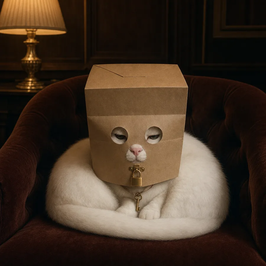 Padlocat curled up on a velvet armchair, the padlocked bag still on
