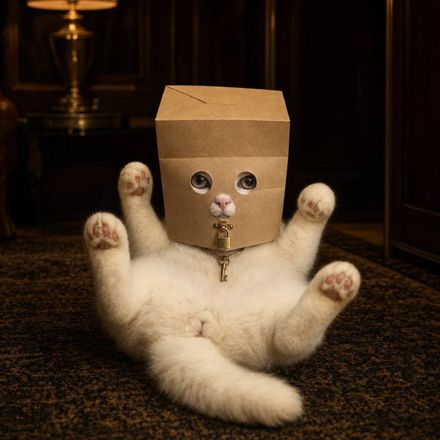 Padlocat lying on his back on a rug, paws up, the padlock dangling